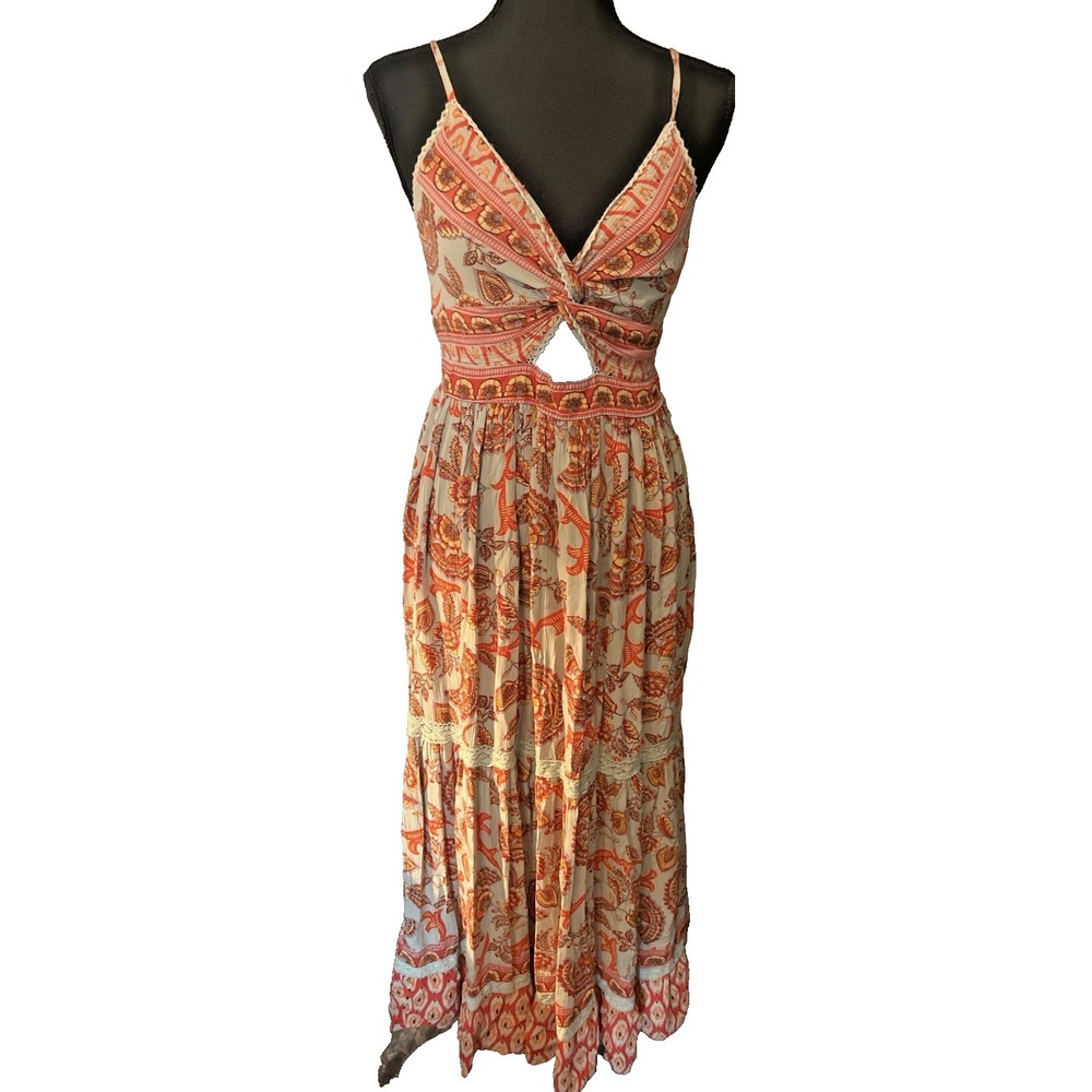 Boho Paisley Maxi Dress Women's Small Cutout Tie Front Festival Resort Sundress - Picture 3 of 5